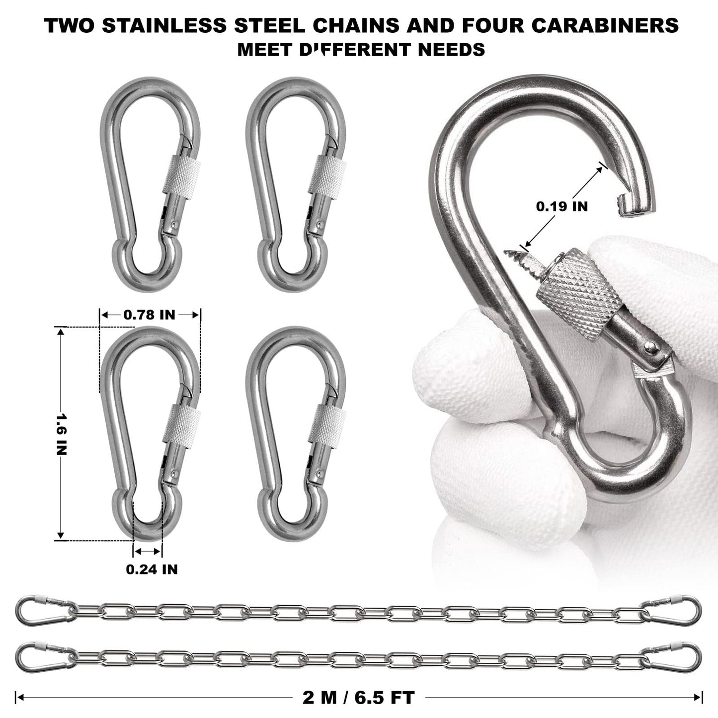 Vigtayue 1/8" Stainless Steel Link Chain, 304 Stainless Steel Link Heavy Duty Coil Chain with Carabiners, 2PCs Hanging Safety Chains for Swing Plants Anti-Theft Pet Dog Anchor Fence Towing Chain Link
