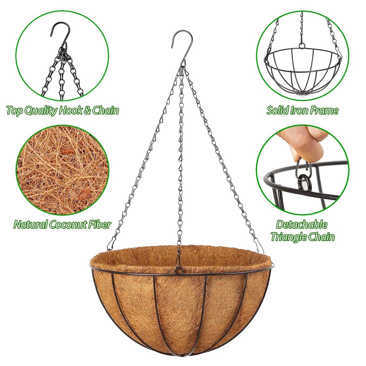 LCHUANG Hanging Baskets Planter for Plants - 2 Pack 12 Inch Metal Baskets with Coco Coir Liner, Hanging Flower Pots for Outside with Chain, Indoor Outdoor Garden Porch Decoration (12'' Pack of 2)