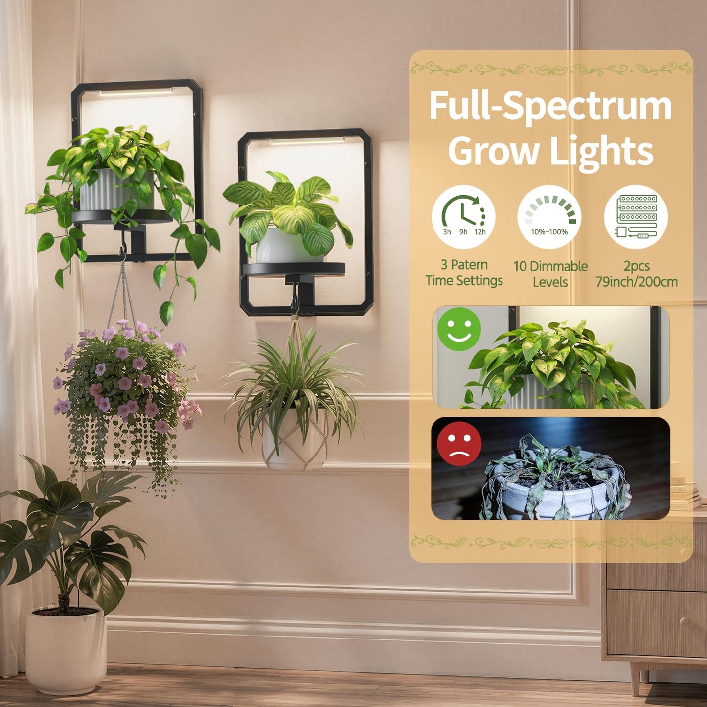 LASZOLA Plant Picture Frame Holder Wall Mount Indoor Window with 2 Grow Light, 2 Pack Modern Floating Flower Stand Shelf with Hooks, Metal Hanger Display Decor for Living Room, Black