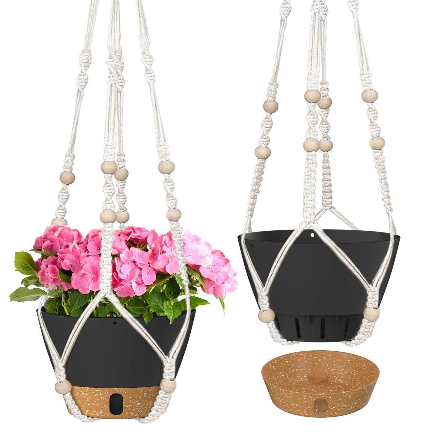 ZMTECH 2 Pack 10 Inch Hanging Planters with Macrame Plant Hanger for Indoor and Outdoor Plants, Self Watering, Drainage Hole, Visible Level Tray, Gray