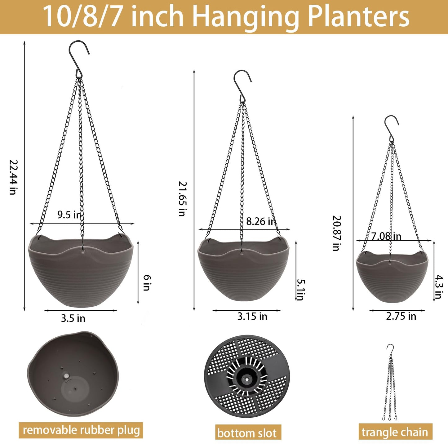 One Boat Hanging Planters for Indoor Plants 3 Pack - 7/8/10 Inch Plastic Hanging Pots with Water Sieve Mesh, Small Hanging Pots for Home Garden, Porch, Balcony & Patio Decor, Black