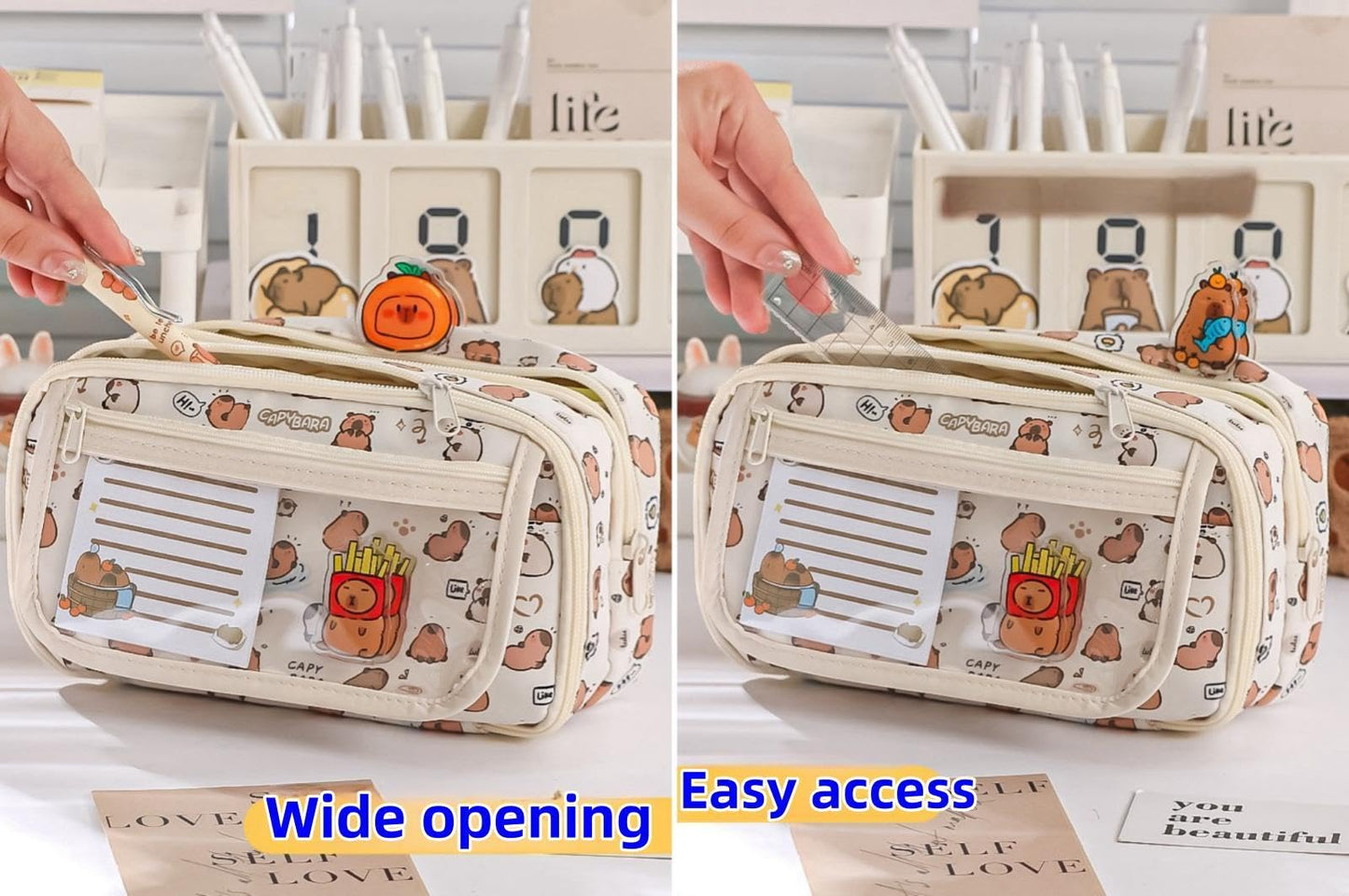 VTYFRY Cute Kawaii Pencil Case Pouch Cartoon Pen Box Holder Organizer for Office Workspace Supplies Desk Accessories Travel Essentials Aesthetic Trendy Cool Stuff Gift Large Capacity (Pink Kapibala)