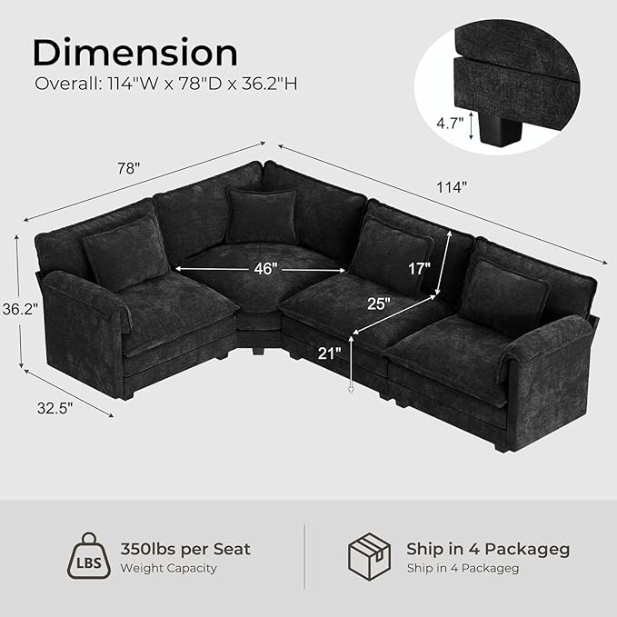 ELUCHANG 114" Oversized V-Shaped Cloud Couch Modular Sectional Sofa