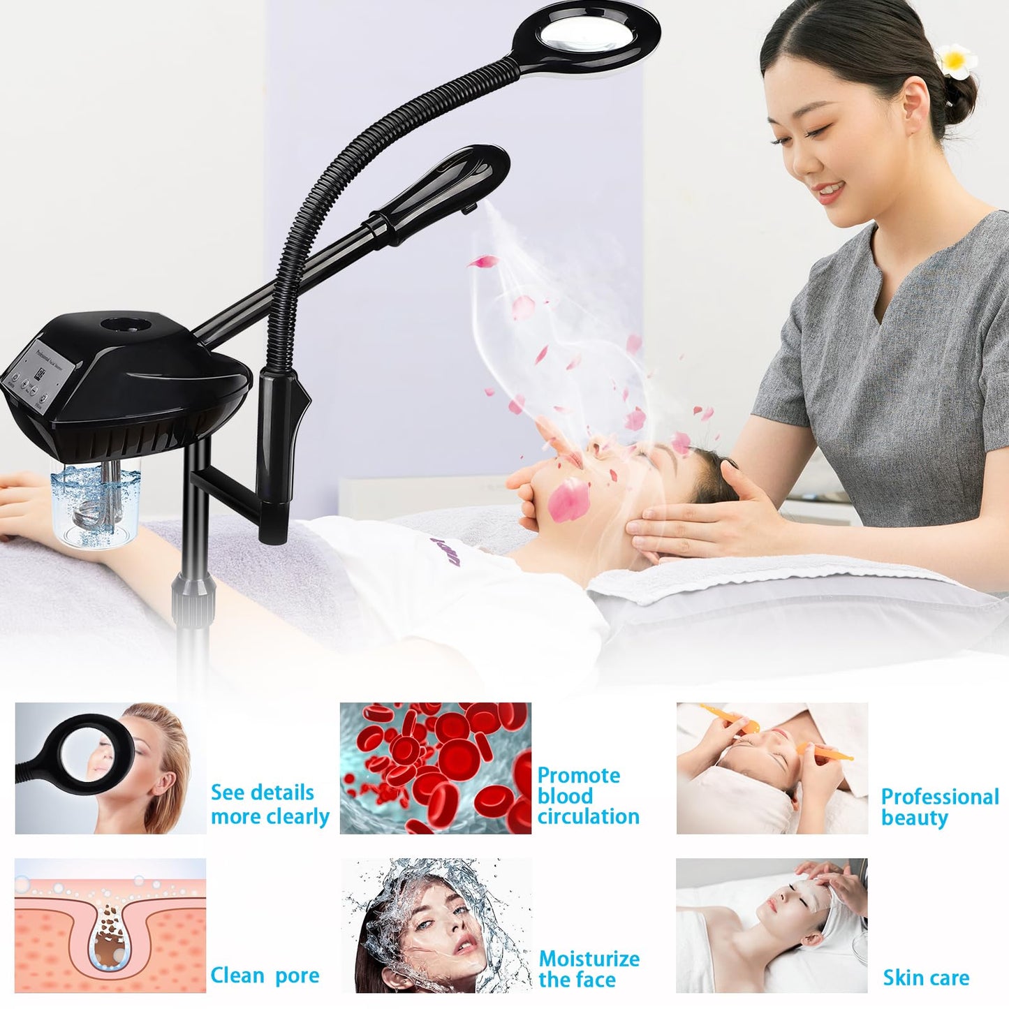 Professional Facial Steamer on Wheels, Facial Steamer for Facial Deep Cleaning, Facial Humidifier for Spa, Adjustable Height for Spa, Salon and at Home Use