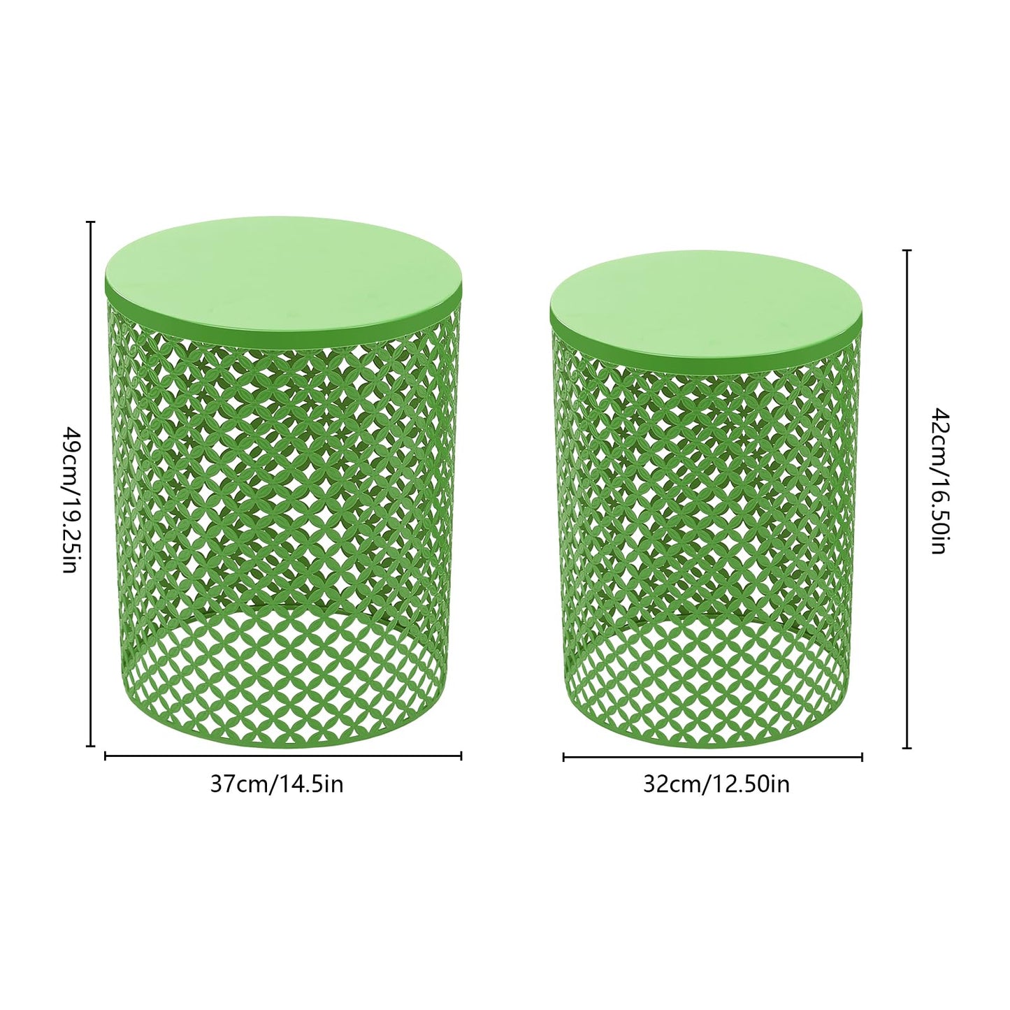 CAIHAOA Set of 2 Outdoor Side Table, Heavy Duty Metal Frame Accent Table, Decorative Garden Stool, Wood Circle Embossed Design, Plant Stand Living Room Garden Stool, Indoor Outdoor Using, Green