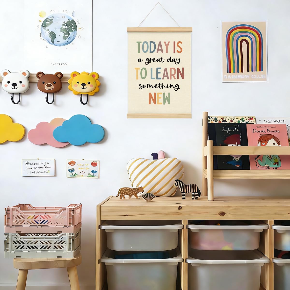 STHTTSW Boho Classroom Decor Motivational Wall Art, Today Is a Great Day to Learn Something New Poster, Positive Affirmations Wall Decor for Kids Room, Playroom & Homeschool Essentials, 12x16