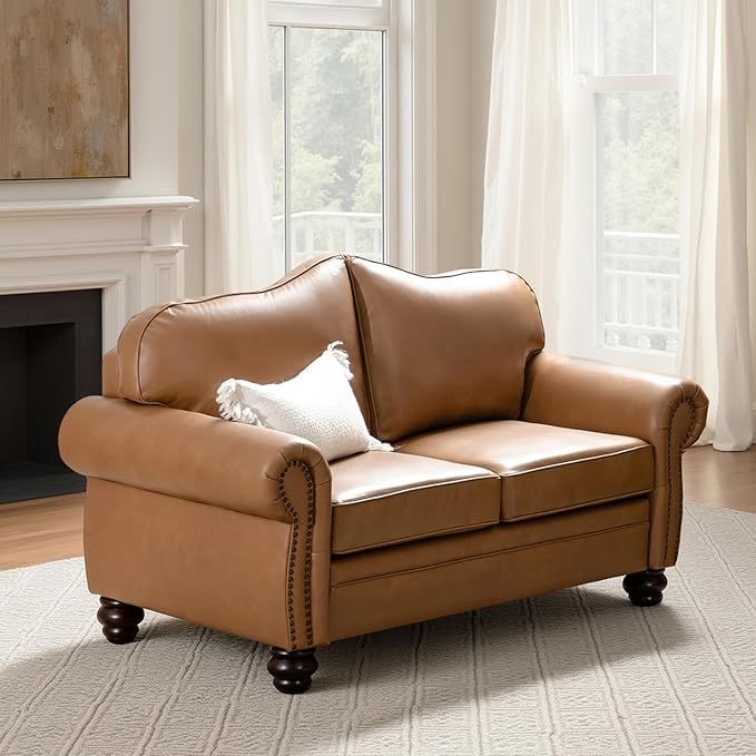 60" Wide Genuine Leather Chesterfield Loveseat, 2 Seat Leather Sofa
