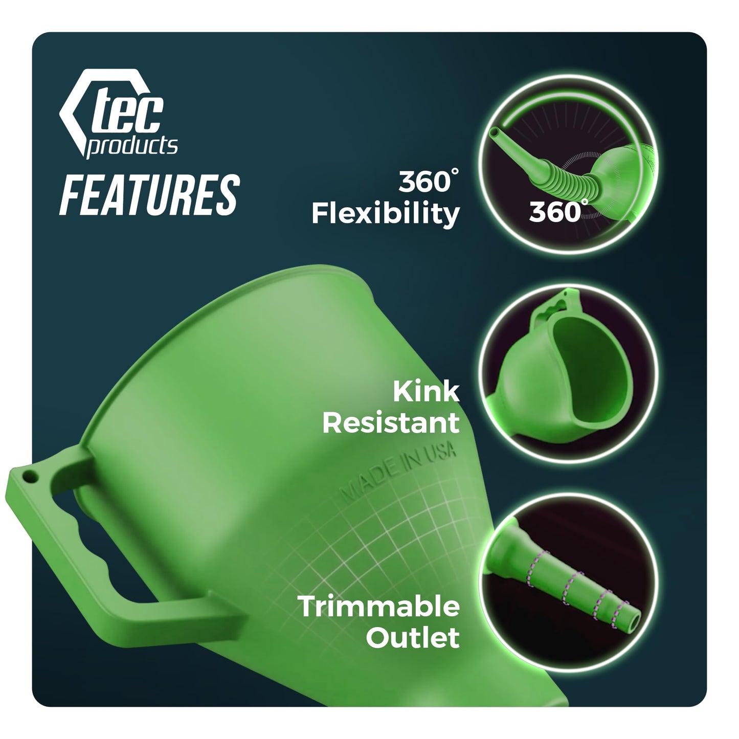 TEC Products FlexAll Long Flexible Funnels - Automotive Oil Funnel with Hose, Durable Nitrile Rubber for Oil Change, Transmission Funnel Fluid, Diesel, Fuel, Gas - Made in USA - Green (16 x 5 Inches)