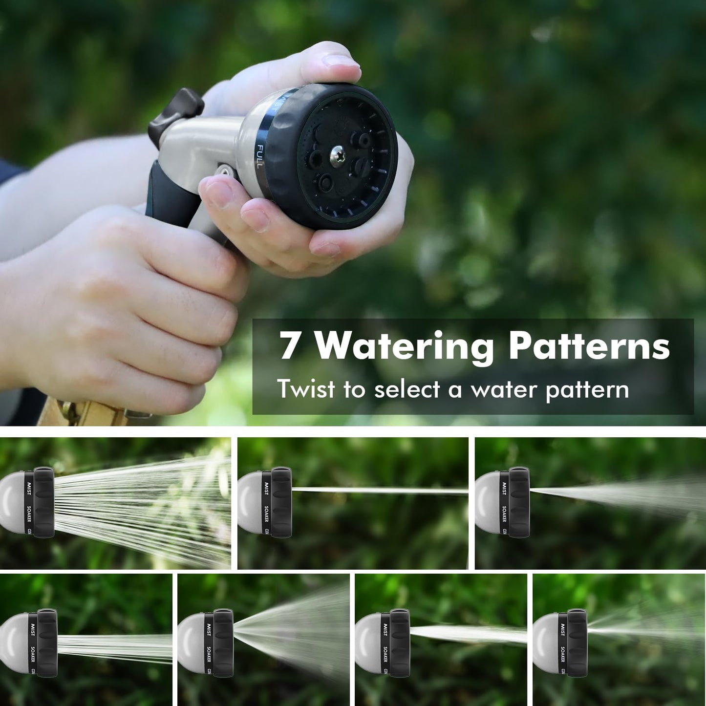 RESTMO Garden Hose Nozzle, Heavy Duty Metal Water Nozzle with 7 Adjustable Spray Patterns, High Pressure Hand Sprayer with Flow Control, for Watering Plants & Lawns, Washing Cars & Pets, Black