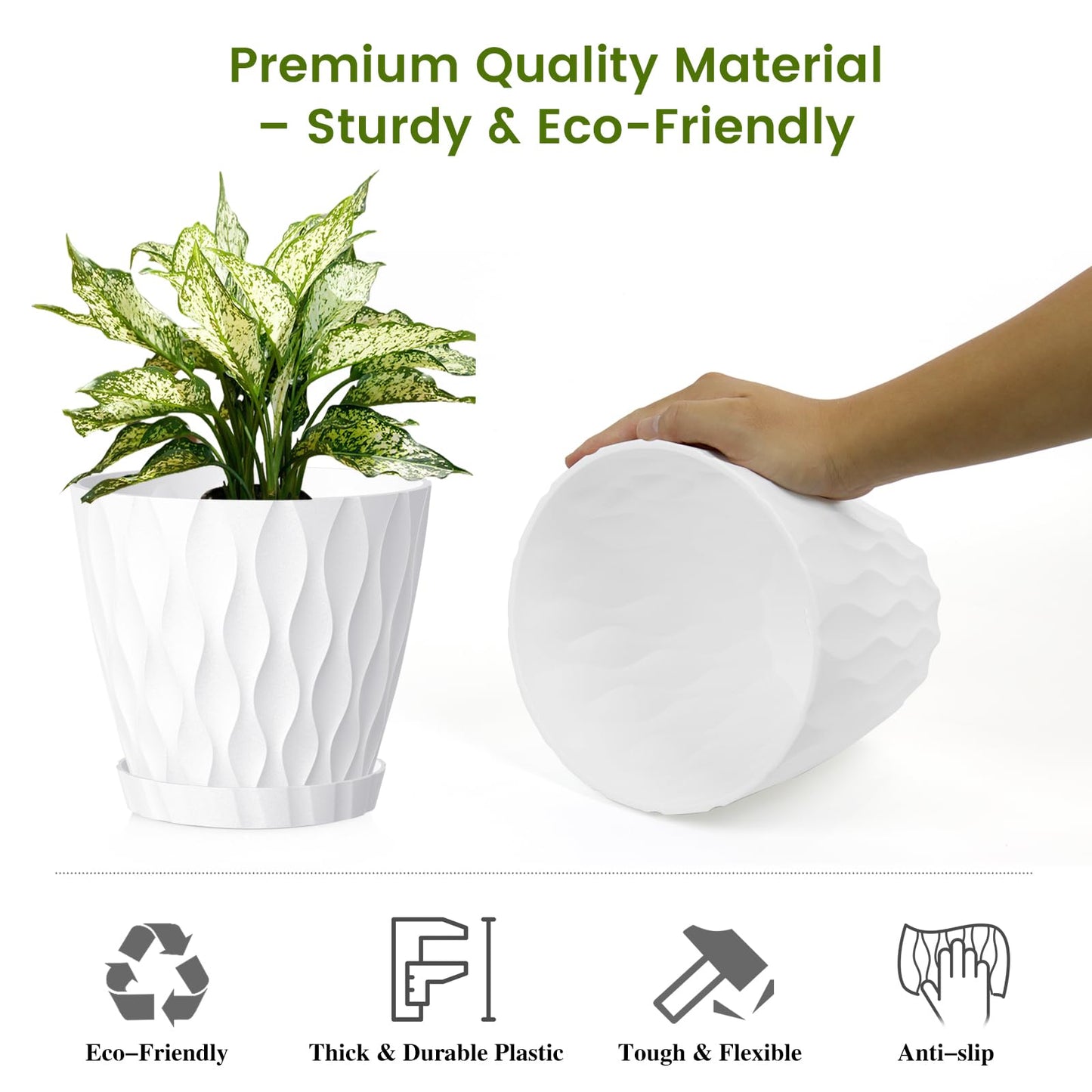 UOUZ 8 Inch Plant Pots, 2 Pack Plastic Planters for Indoor Outdoor with Drainage Holes & Saucers, Waffle Texture Flower Pots for Indoor Plants, Indoor Plant Pots for Monstera, Fiddle Leaf Fig, White