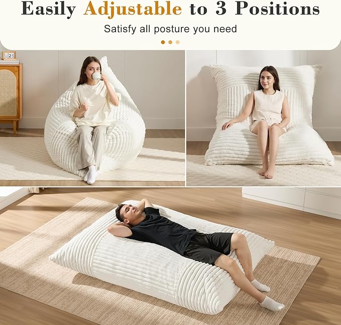3-in-1 Giant Bean Bag Chair for Adults & Kids, Convertible Floor Sofa to
