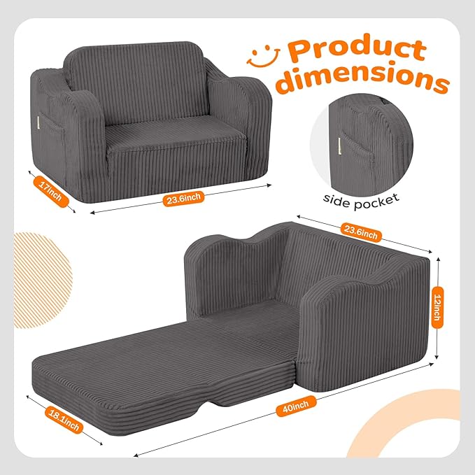 MeMoreCool Toddler Chair Comfy for 1-3 Years Old, Corduroy Kids Couch Bed Fold