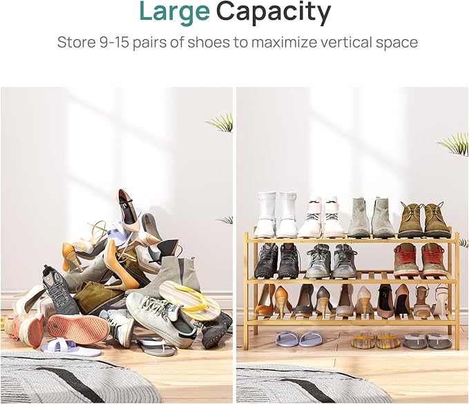 viewcare 3-Tier Long Shoe Rack, Bamboo Wood Shoe Rack