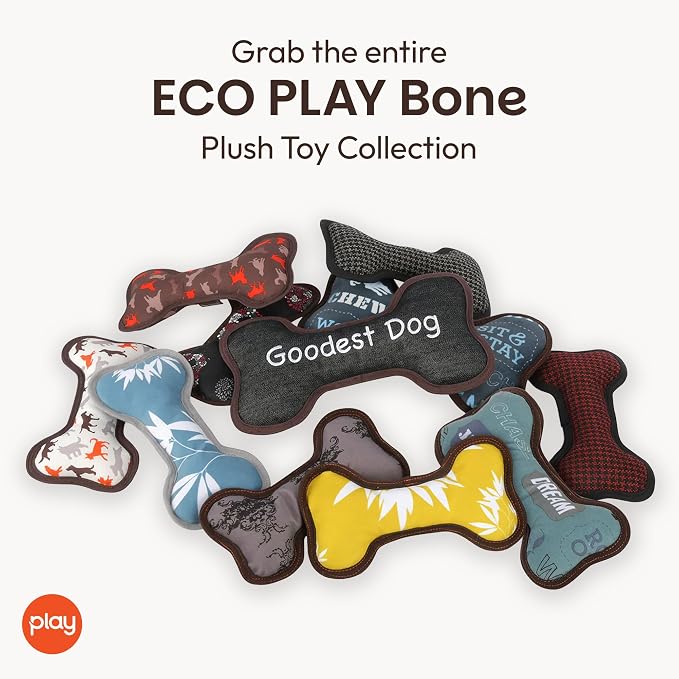 P.L.A.Y. Stuffed Dog Toys, ECO Bones - Extra Durable Squeaker Chew Toy, Great for Teething Puppies & Small, Medium, Large Dog Breeds - Machine Washable, Recycled Materials (Scout & About, Medium)