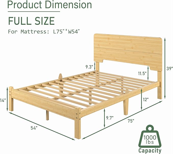 BOSRII 12in High Solid Bamboo Wood Platform Full Size Bed Frame