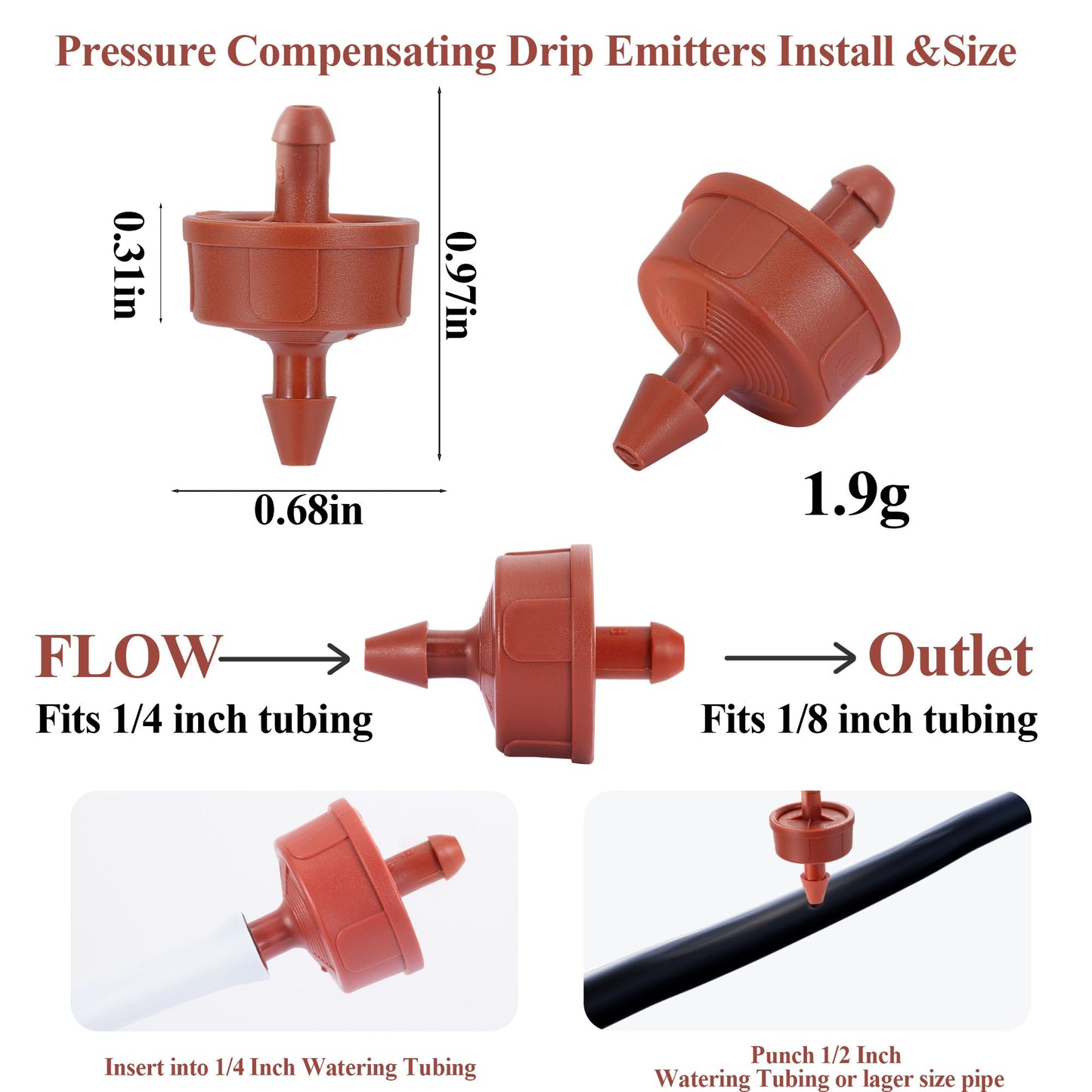 200Pcs 2GPH Pressure Compensating Irrigation Spot Drippers,Constant Flow Barb Outlet Watering Dripper Emitters Heads Parts for 1/4 Inch Watering Tubing Line for Garden Pots Plant Irrigation Systems