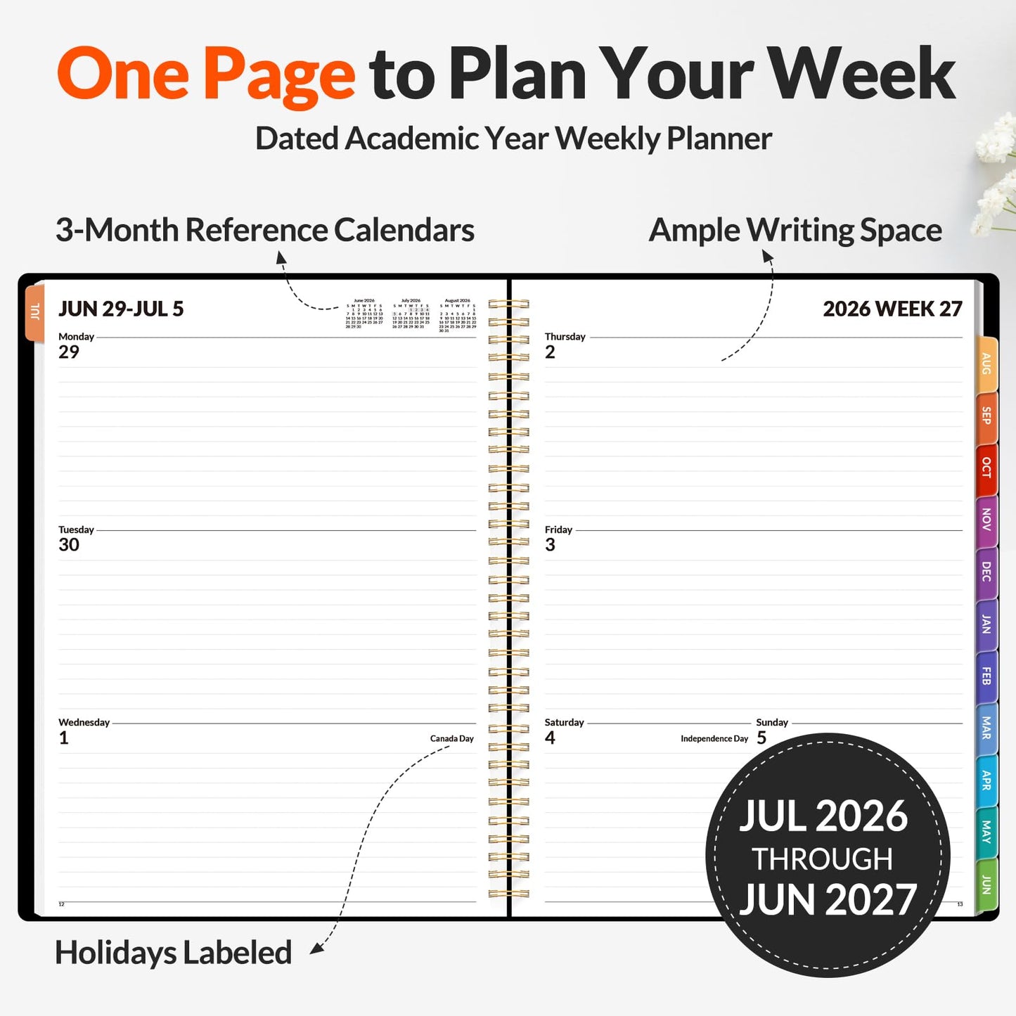 SUNEE Academic Planner 2026-2027 – Weekly & Monthly Planner, July 2026 to June 2027, 8.5"x11", Thick Paper, Tabs, Pockets, Bookmark, Spiral-Bound, Student Teacher Organizer, Black