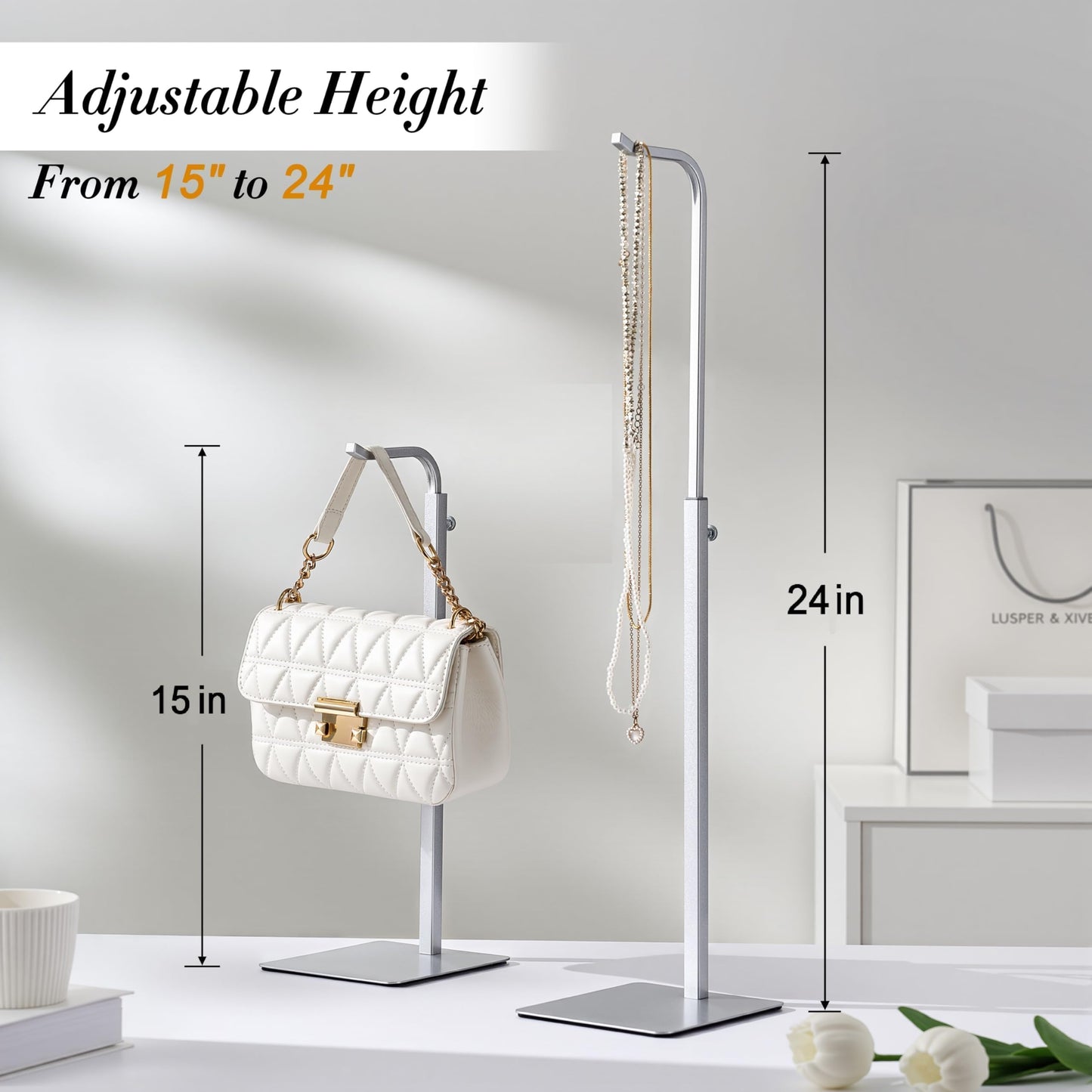 Josmimic 3 pcs Purse Holder Handbag Display Stand: Silver Hanger Rack for Bags, Purses, and Wreath, Adjustable Hook Stand for Tabletop, Closet, and Retail Use for Vendors