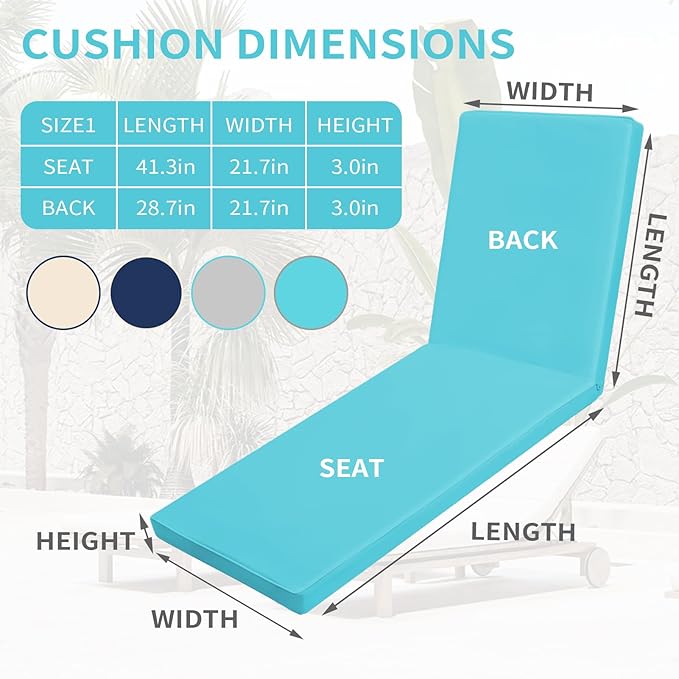 Outdoor Chaise Lounge Cushions for Patio, Waterproof Replacement Seat Cushions