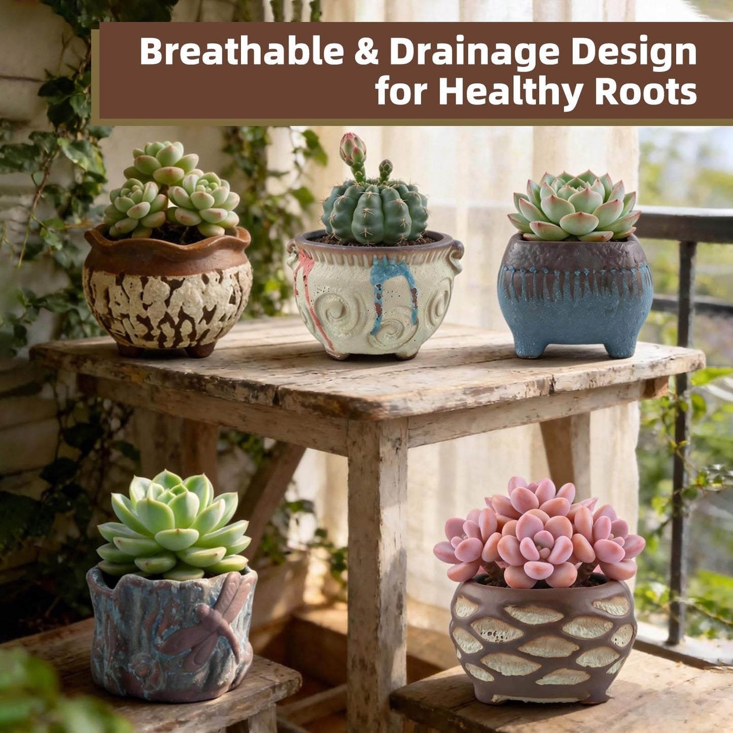 ginojex Ceramic Garden Pots Succulent Plant Planter Container with Drainage Set of 5 Small for Home Office Decor