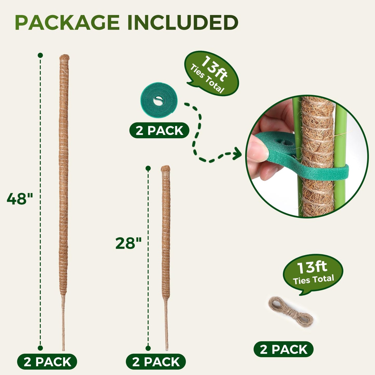 4 Pack Moss Pole Monstera Plant Support, 2 Pack 28" & 2 Pack 48" Bendable Plant Stakes Made of Real Coco Coir Support for Climbing Indoor Plants, Tall Moss Stick Trellis for Potted Climbers