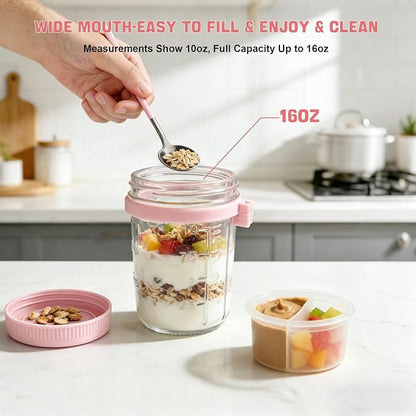 4 Pack Overnight Oats Containers with Lids and Spoons - 16 oz Glass Mason Jars with Dressing Cup, Over night Oat Jars for Meal Prep, Yogurt Parfait Cup for Chia Seed Salad (Pink)
