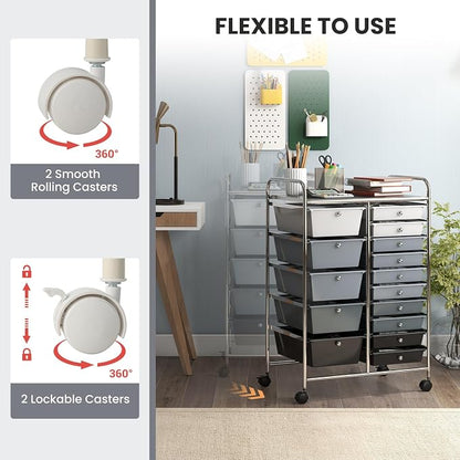 GOFLAME 15-Drawer Rolling Storage Cart, Craft Storage Cart with Removable Drawers & Lockable Wheels, Art Cart Supply Storage Organizer for Home Office Classroom, Gray Gradient