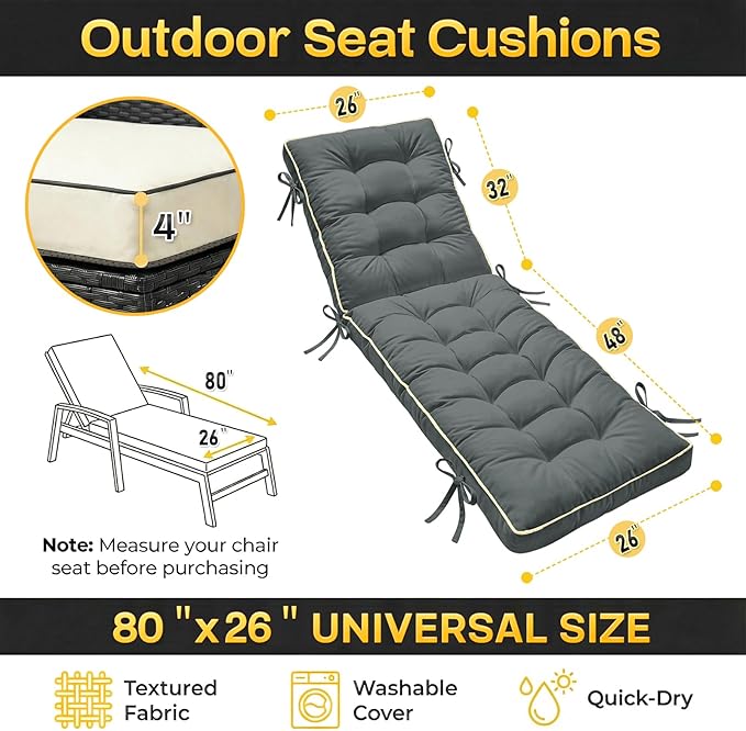 2 Pack 80x26 Inch Folding Chaise Lounge Cushion Quick Dry