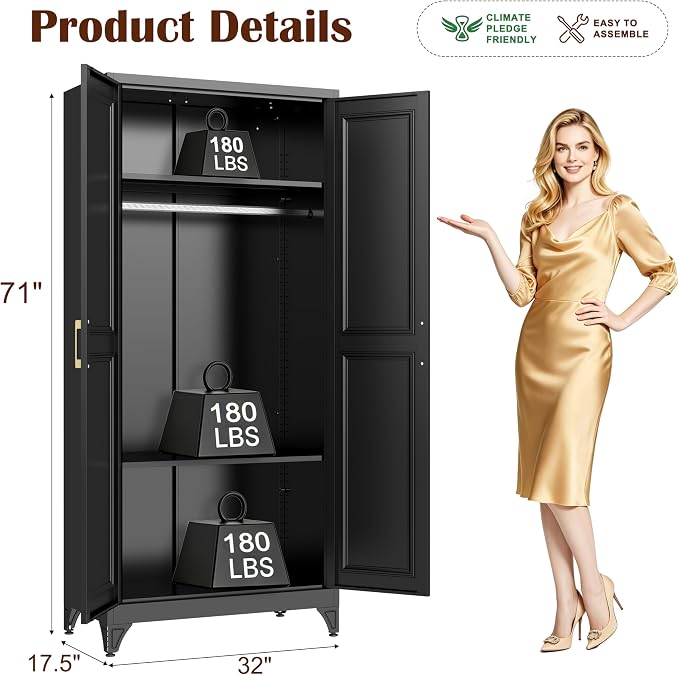 SteeLoong Metal Wardrobe Cabinet with Hanging Rod, 71" Tall Armoire Wardrobe Closet with 2 Doors and Adjustable Shelves, Black Clothing Storage Cabinets for Bedroom, Laundry Room, Cloak Room