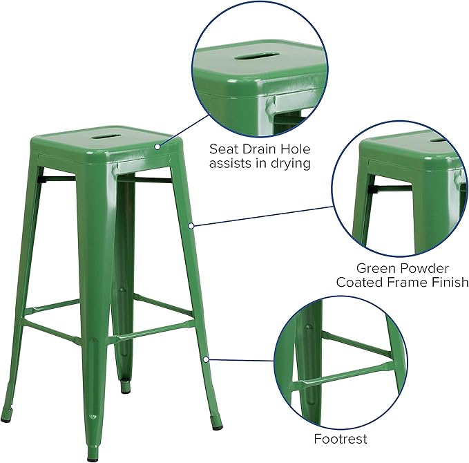 Flash Furniture Lily 4 Pack Commercial Grade 30" High Backless Green Metal