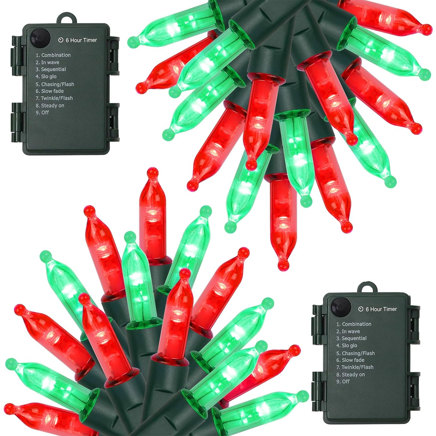 WATERGLIDE 2 Pack 50 LED Outdoor Christmas Lights, 16FT Battery Operated Mini String Lights with 8 Modes & Timer, Xmas Tree Lights Waterproof for Patio Garden Party Wedding Holiday Decor, Red & Green