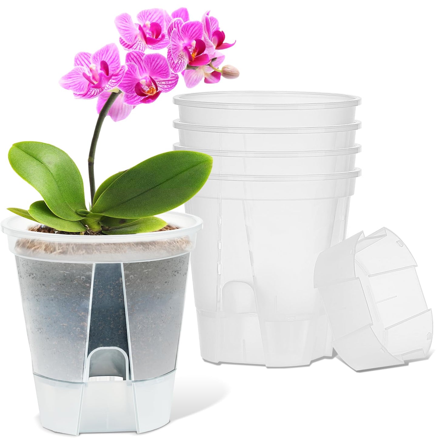 IWNTWY Plant Pots 6 inch Set of 5, Self Watering Pots for Indoor Outdoor, Self Watering Planters Flower Pots with Drainage Hole and Saucer Reservoir (Clear)