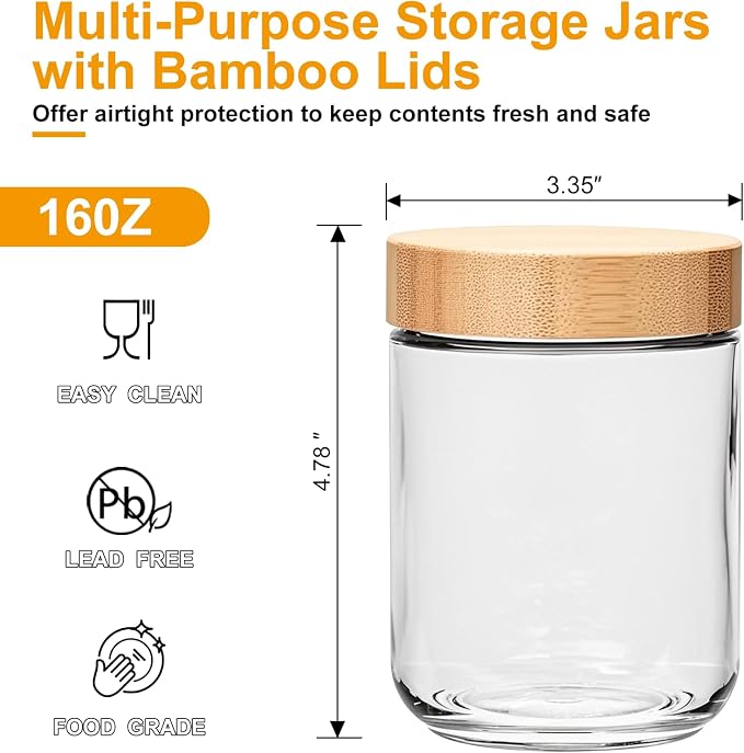 16oz Glass Jars with Lids, Overnight Oats Containers with Bamboo Lids, Wide Mouth Glass Mason Jar Food Storage Containers for Salad,Yogurt,Meal Prep,6 Pack