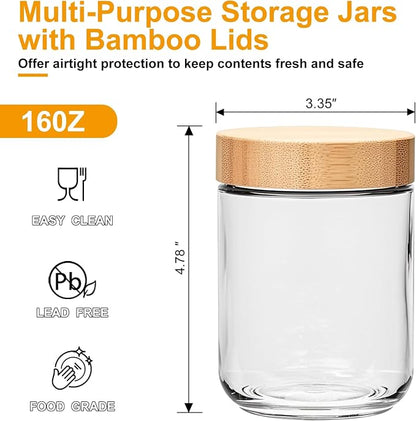 16oz Glass Jars with Lids, Overnight Oats Containers with Bamboo Lids, Wide Mouth Glass Mason Jar Food Storage Containers for Salad,Yogurt,Meal Prep,6 Pack