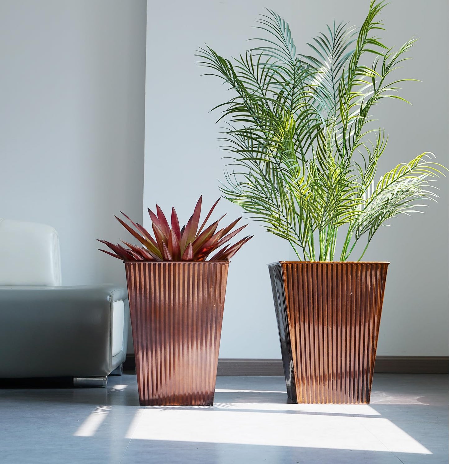 Ultiteque18 H x13 Dia Large Copper Metal Planter Set of 2, Tall Square Tapered Steel Flower pots for Indoor Plants, Indoor Plant Pots Lightweight for Apartment Office, Planter Pots with Drainage&Plug