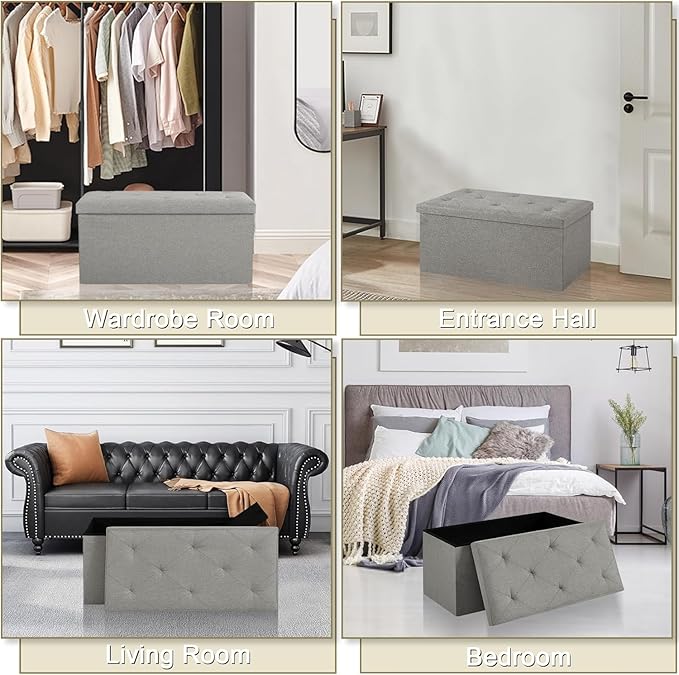 VECELO 30'' Folding Storage Ottoman Bench, Storage Chest, Linen Fabric Foot