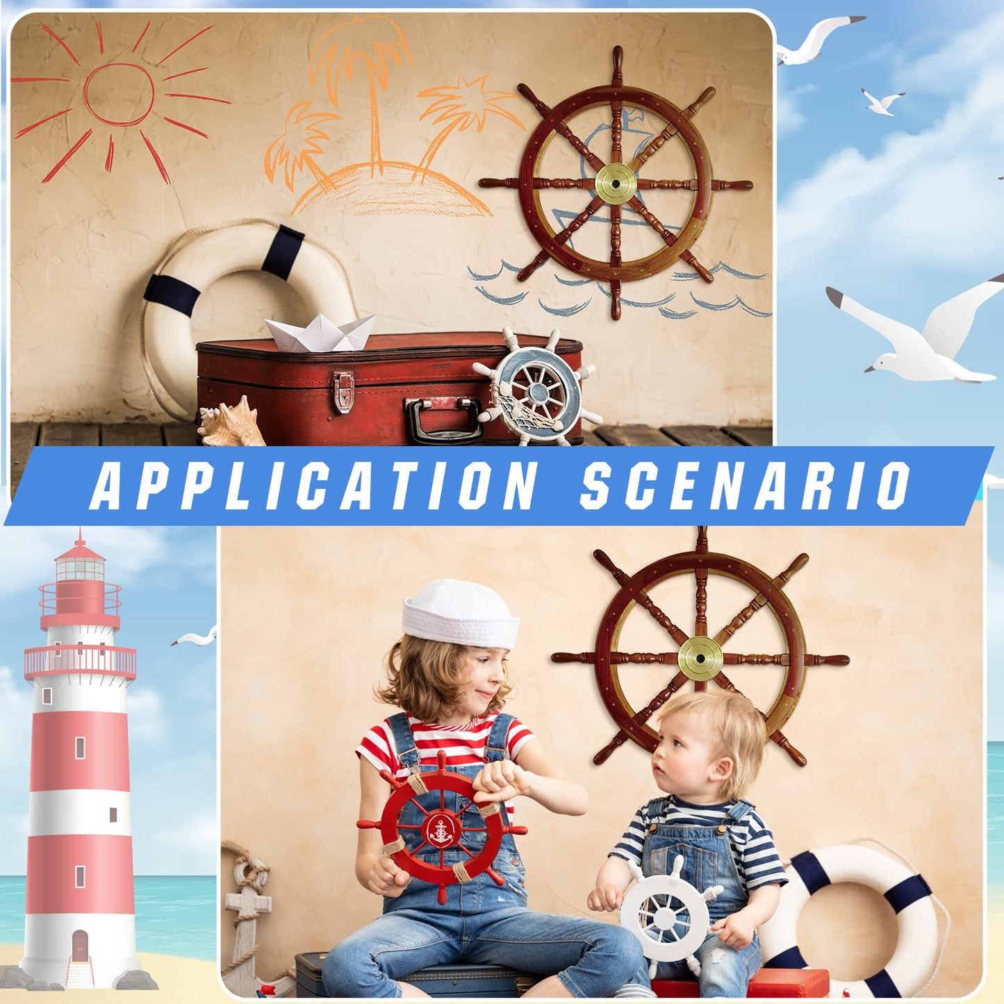 Tatuo 2 Pcs Ship Wheel Wall Decor Pirate Party Decorations Thin Flat Wooden Nautical Wall Art 2d Wood Beach Boat Cruise Ship Steering Wheel for Home Bedroom Decor(12 Inch)