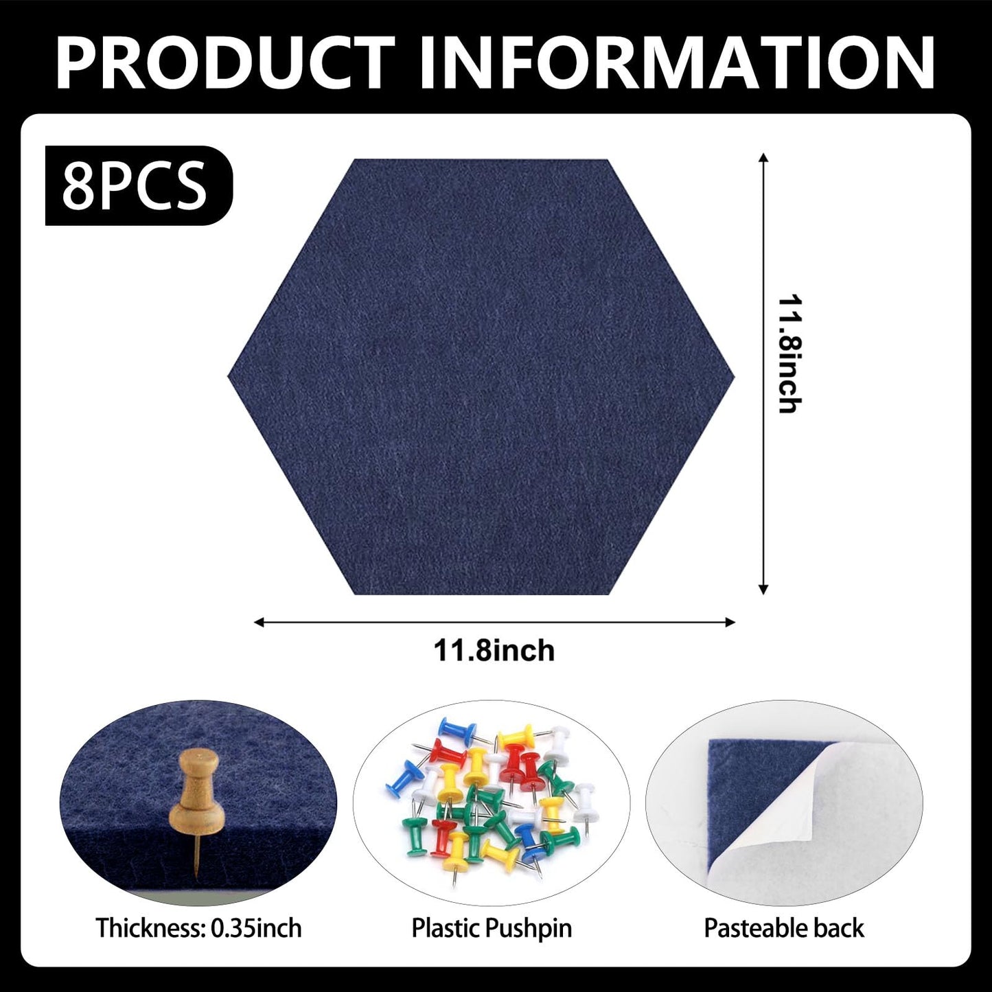 8 Packs Navy Blue Hexagon Felt Pin Board, 12" Bulletin Board with 30 Push Pins, Felt Board for Home Kitchen Office Decor, Self-Adhesive Corkboard Tiles for Walls Message Photos Memos Display