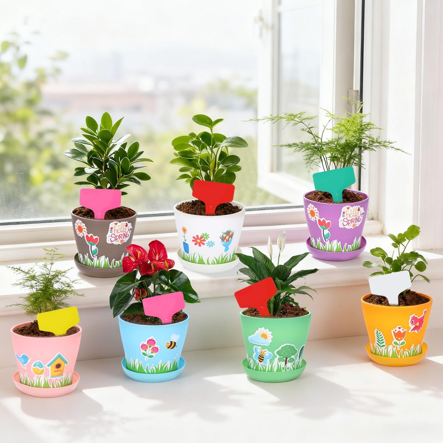 Wenceda 30 Pack Garden Pot Craft Kit, DIY Spring Pot Plastic Planter with Tray, Include Plant Tag/Certificate of Award/Spring Sticker, Flower Plant Craft for Classroom Home Party DIY Flower Planting
