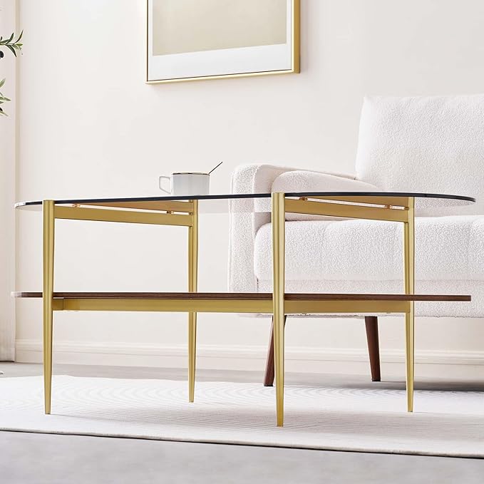 LumFurn Oval Glass Coffee Table, Mid-Century Modern Design, L41 x W21 x H17 inch