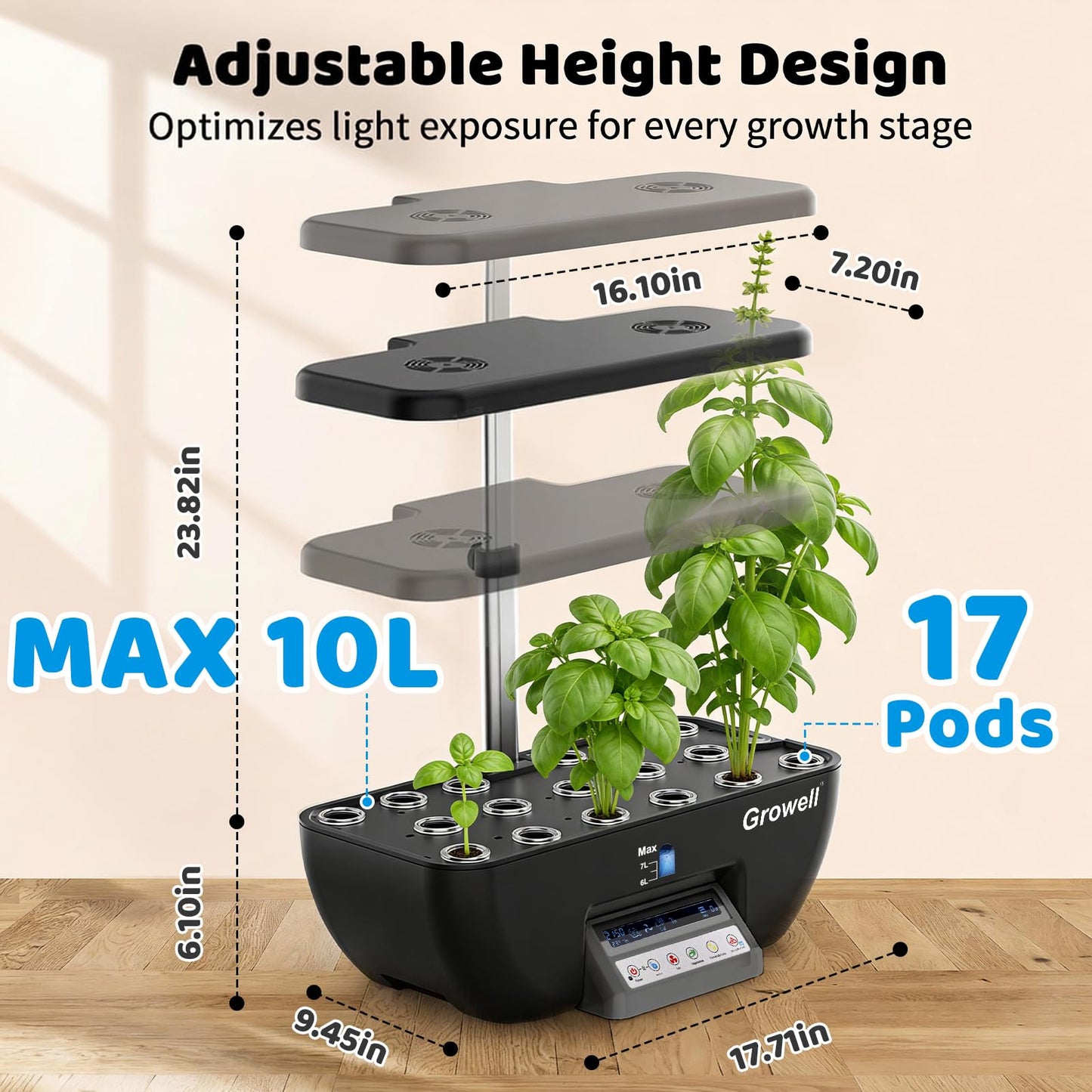 Growell Hydroponics Growing System Kit, 17 Pods Indoor Herb Garden with 2 Fans Circulation, Grow Light, Smart Water Cycle, Auto Timer, 10L Water Tank, Perfect Indoor Gardening System Gifts(Black/Grey)