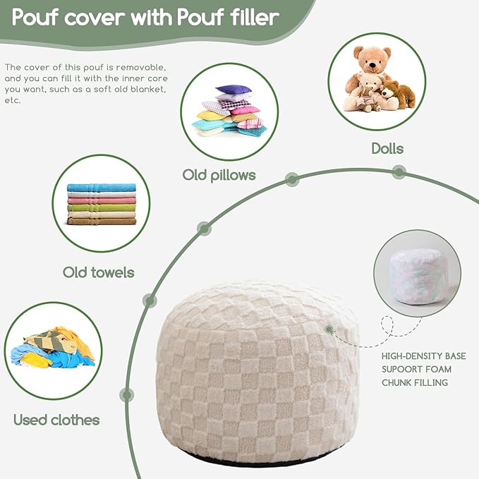 HIGOGOGO Round Stuffed Pouf Ottoman, Plaid Poufs