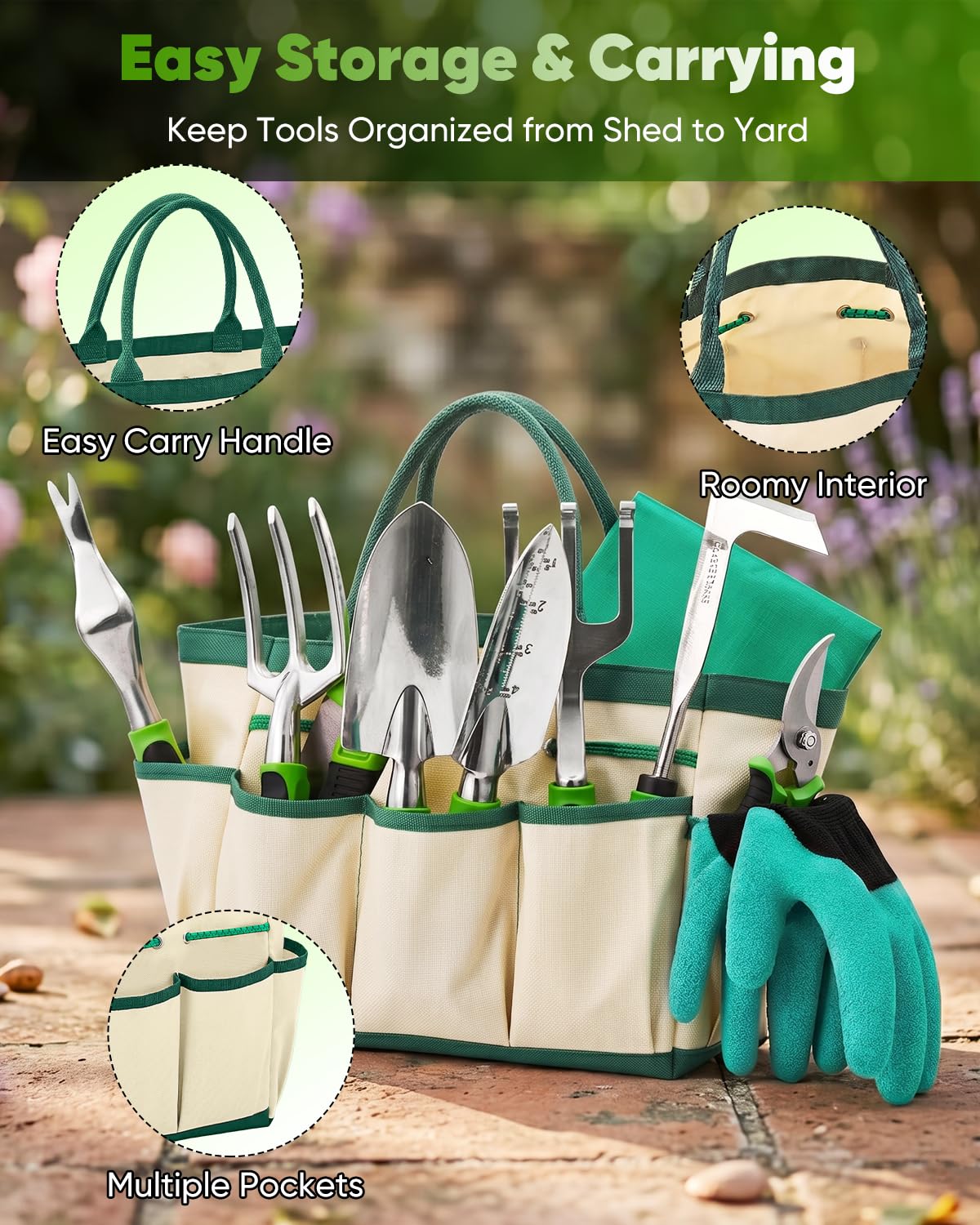 Garden Tool Set Gardening Tools - Heavy Duty Aluminum Tool Kit with Non-Slip Handle, Gardening Gloves and Tool Bag for Weeding, Planting and Pruning, Gifts for Women Mom (Green Set)