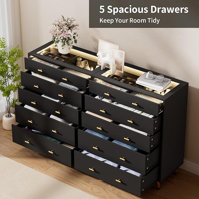 Drawer Dresser with LED Lights, 30.7" W x 39" H Tall Tempered Glass Top Dresser