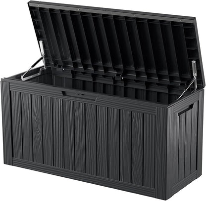ROJIK Outdoor Storage Housing Deck Box - Waterproof Patio Furniture, Garden Tools, Cushions, Pool Accessories Storage Bench with Lockable Lid and Side Handles (Black 80 Gal)