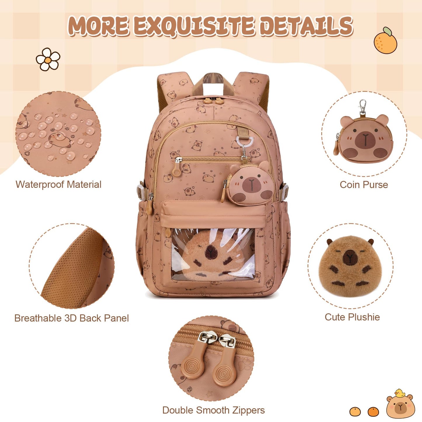 Similove Capybara Theme Backpack for School Girls, 35PCS Kids Backpack Set with School Supplies Stationery Kit Lunch Box Pencil Case, Cute Girls Bookbag for Kindergarten Elementary Student