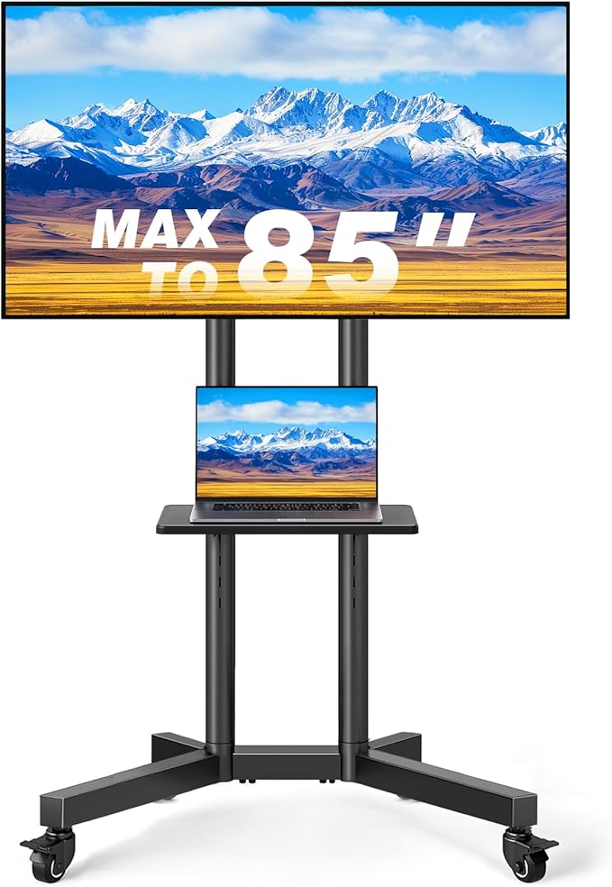Rolling TV Stand with Shelf for 32-85 inch TVs up to 150lbs, Portable Mobile TV
