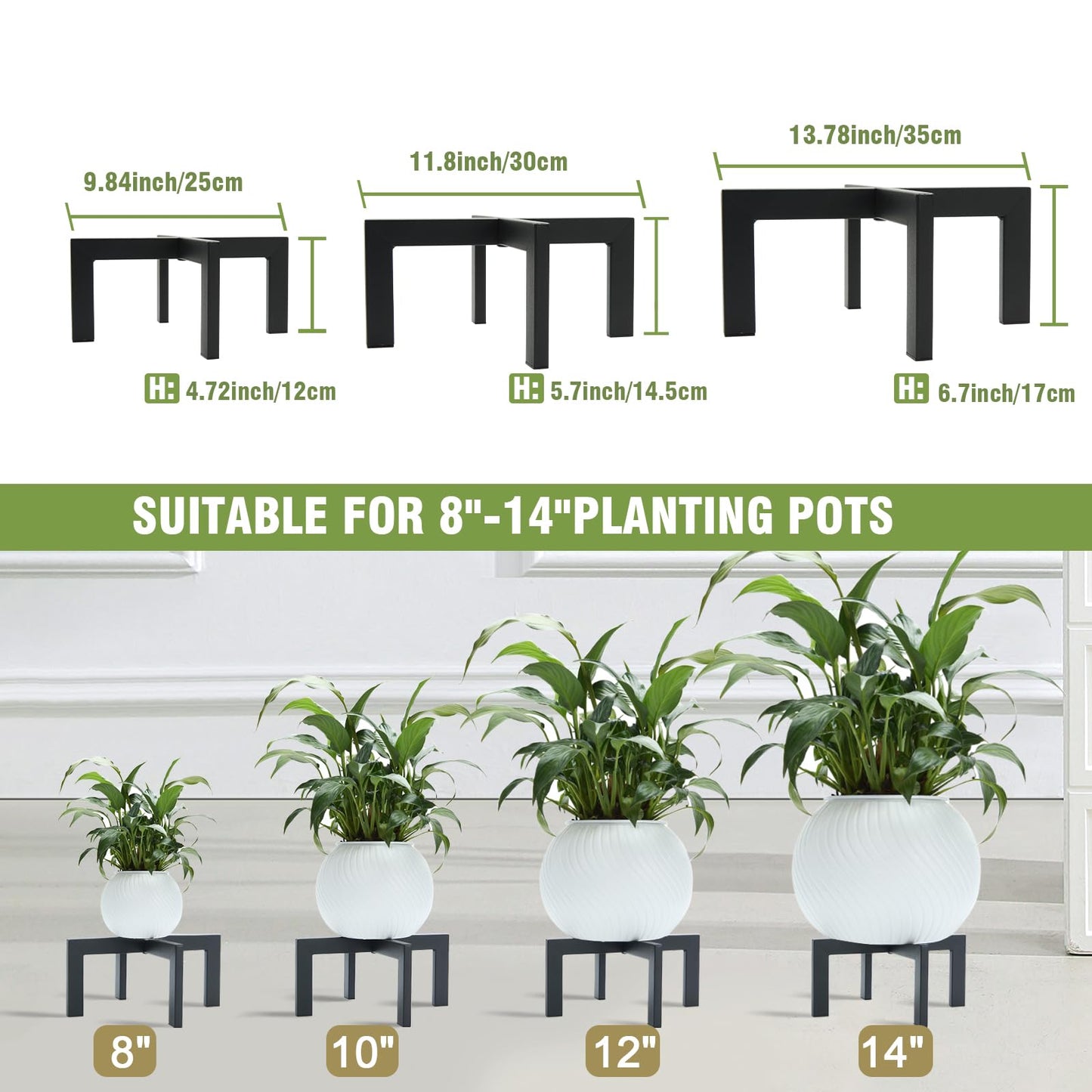 Phikrou Metal Plant Stands Indoor Outdoor, Heavy-Duty Short Black Plant Holder for 5-12 Inch Flower Pots - 1/2/3 Pack Low Stand for Balcony, Corner, Desk, Table Top (Plant Not Included)(3Pcs)