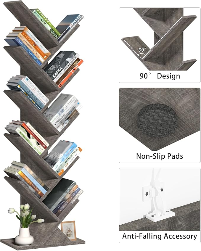 SHEEPAM 10 Tier Tree Book Shelf, Floor Standing Wood Bookshelf