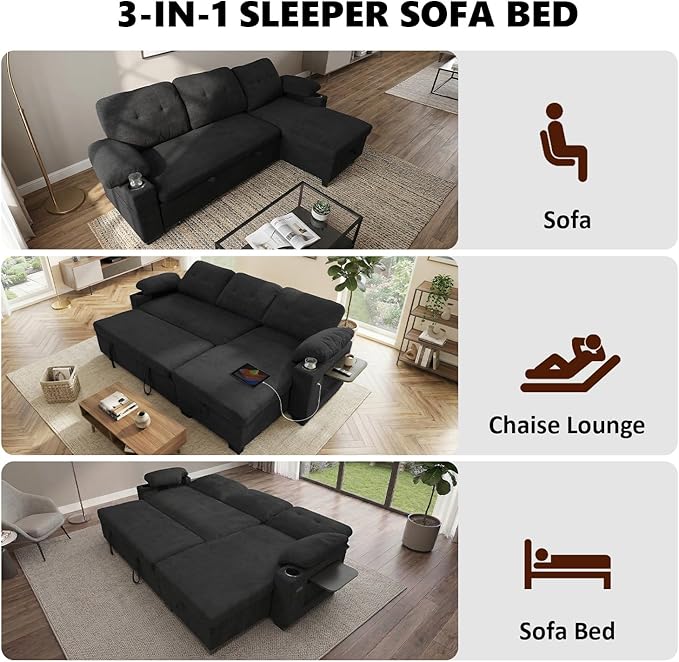 KCGKCG 93" L Shaped Sleeper Sofa Bed, Pull Out Sectional Couch